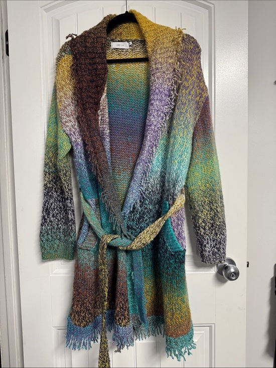 Anthropologie Sweaters - Anthropologie Multicolor Knit Belted Cardigan - teal, purple, yellow, brown